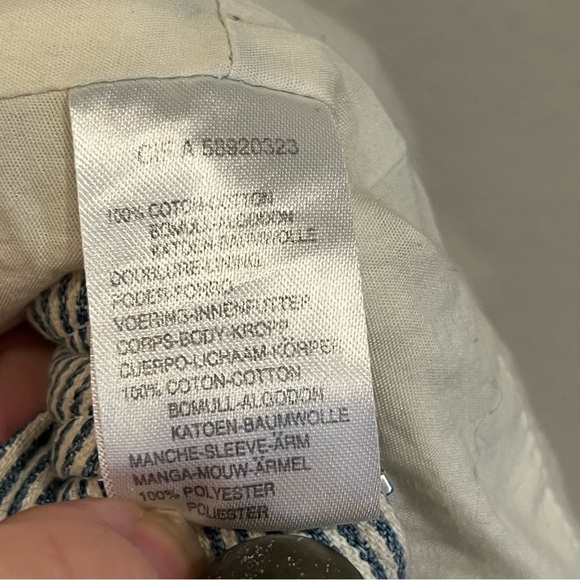 R blue and white stripe cotton denim chambray military jacket size 4 - Picture 10 of 12